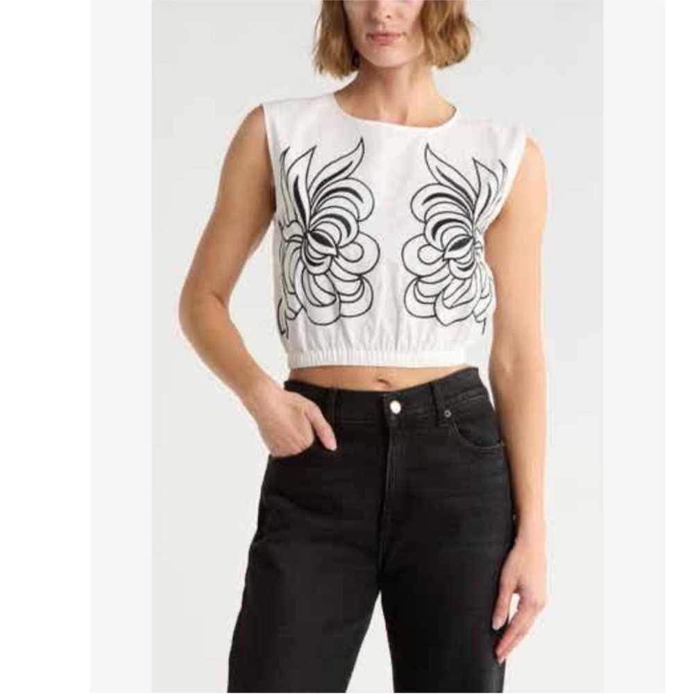 NWT Joie Womens White Black Floral Embroidered Cotton Elastic Hem Crop Top L